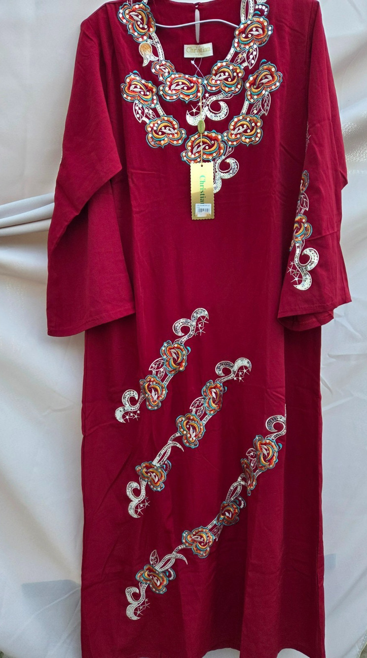NEW Women’s Abaya Kaftan Dress Size L in Red Silver Long Sleeves Maxi